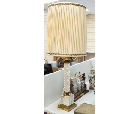 An early 20th century brass, glass and marble column lamp base and shade, 101cm total. Condition - fair to good, not tested