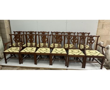 A set of twelve reproduction Chippendale style oak dining chairs, two with arms. Condition - good