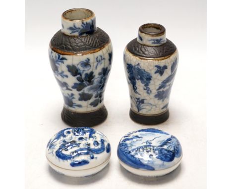 Chinese blue and white ceramics comprising crackle glaze vases and circular seal pots (4). Condition - fair to good, a few mi