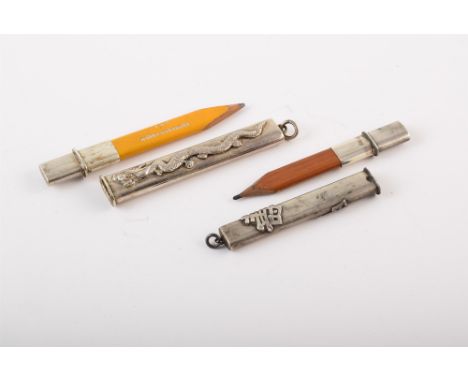 Two Chinese silver architects pencils. With Chinese silver marks, one pencil case has Chinese script the other has dragon emb