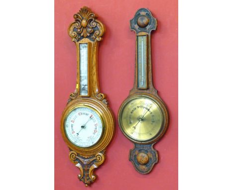 Two barometers- one with brass face and the other enamel. Both oak with aneroid thermometer Unfortunately we are not doing co