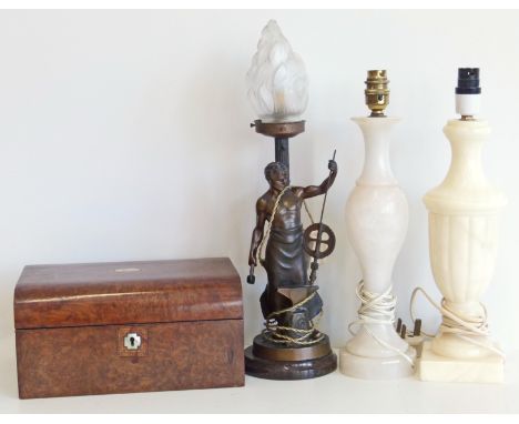 A Victorian walnut jewellery box and spelter table lamp of historic figure using an anvil and two lamp bases Unfortunately we