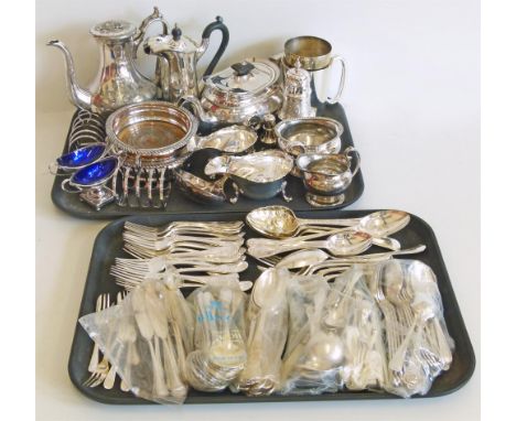 Good quantity of silver plated ware to include teapot, coffee pot, salts, flatware and a pair of sauce-boats. Unfortunately w