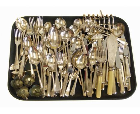 Four silver clover shaped salts with spoons, a plated toast rack, a quantity of K. Bright plated flatware etc Unfortunately w