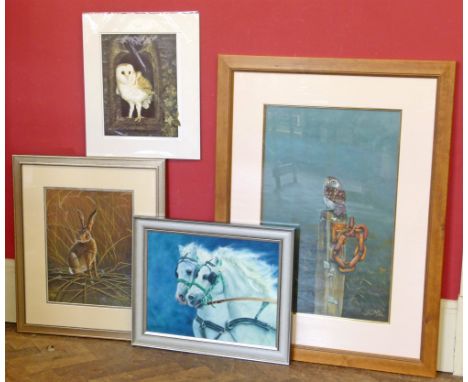 Two original paintings by Neil Patey- "Little Owl" and "Brown Hare" acrylic, together with a horse study by Anthony O'Keefe a