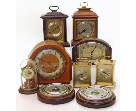 J & M Perkins mantel clock, six other mantel clocks and two horseshoe shaped aneroid barometers. Unfortunately we are not doi