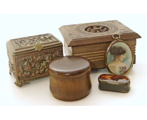 Collection of treen, snuff box, miniature embossed copper box stamped "A.B" and two other boxes. Unfortunately we are not doi