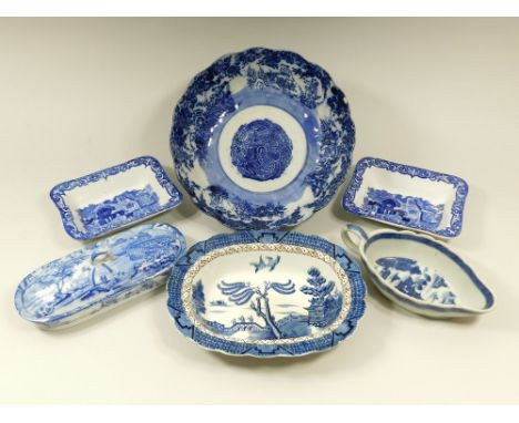 BLUE & WHITE. Six pieces of blue & white pottery & porcelain, including a 19th century pagoda & fence patterned sauce boat, a