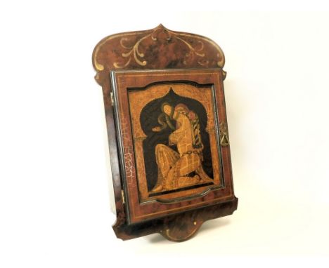 PAINTED WALL CUPBOARD. A wall cupboard hand painted in a fantasy style. Full height 70cm. Max. width 46cm. Depth 22cm.WE CANN