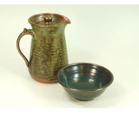 CREWENNA POTTERY, NEW ZEALAND. A Harry & May Davis Crewenna Pottery coffee pot, height 18cm & a footed bowl, (one of the firs