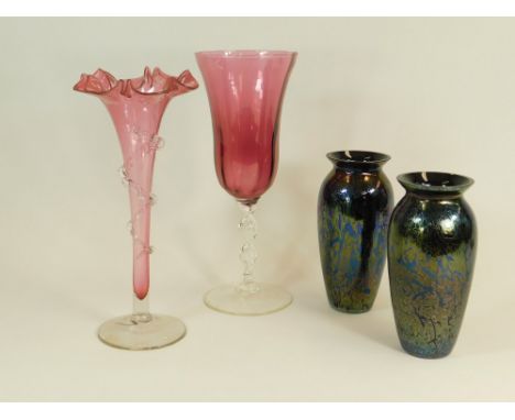ROYAL BRIERLEY ETC. A pair of Royal Brierley iridescent glass vases, each etched to the base with original paper label, heigh