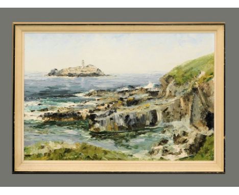 HARRY A. PREST. Godrevy Lighthouse. Oil on board. Signed. 49 x 76cm.WE CANNOT SHIP THIS ITEM… Due to fragility, size or weigh