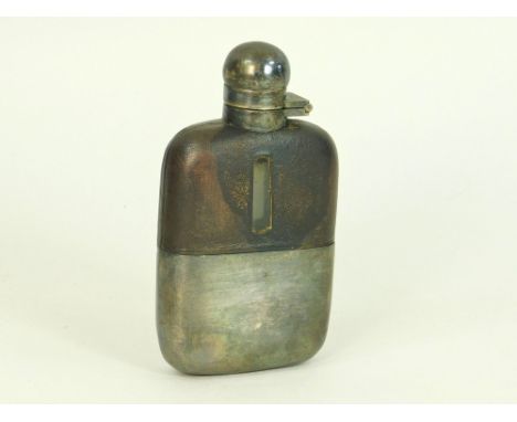 SPIRIT FLASK. A Dickson & Sons leather & silver plated small spirit flask. (Hinged top possible seized)WE CAN SHIP THIS LOT. 