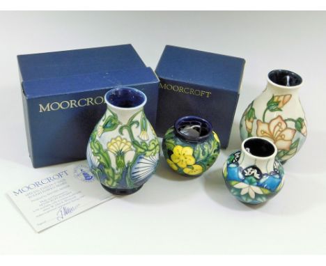 MOORCROFT. Modern Moorcroft: two 9cm vases in the Buttercup & Colours of Kiribati patterns. (Buttercup vase with original box