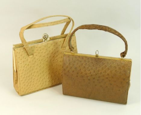 OSTRICH HANDBAGS. Two vintage ostrich leather frame handbags, by Holmes of Norwich & Vitali. (Light wear)WE CAN SHIP THIS LOT