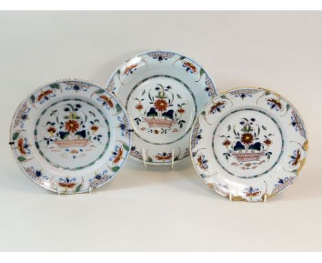 DELFT WARE. Three pieces of early 19th century Delft tin glaze. Dish diameter 26cm. (All pieces with fritting, the two plates