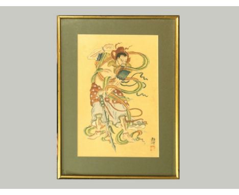 JAPANESE PRINT. A hand coloured Japanese print of a warrior, stamped & signed. 36.5 x 23.5cm.WE CAN SHIP THIS LOT.  PLEASE NO
