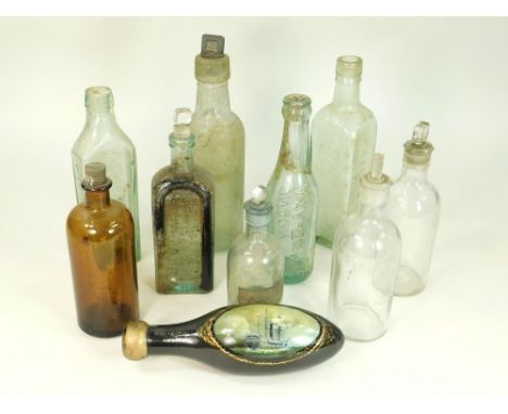 VINTAGE BOTTLES. Various named bottles including a Townsend, Salford bottle, hand painted with a steam/sailing ship, signed M