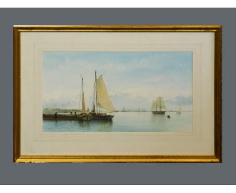 ROBERT MOORE. 'Becalmed fishing craft.' Watercolour. Signed. 22.5 x 40cm.WE CANNOT SHIP THIS ITEM… Due to fragility, size or 