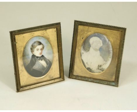 PHOTOGRAPH FRAMES. Two 19th century brass photograph frames, one with a hand painted portrait miniature, unsigned, of a gentl