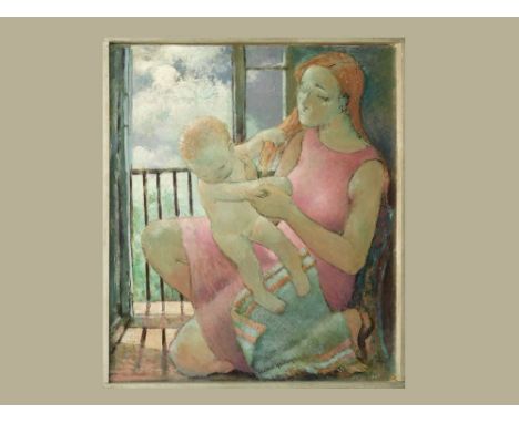 SHEILA HAWKINS. 'Mother and Child'. Acrylic on board. Signed. Artist's titled label to the reverse. 72 x 61cm.WE CANNOT SHIP 