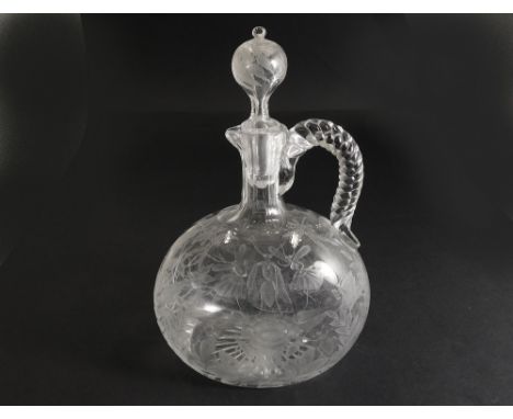 VICTORIAN GLASS. A Victorian claret ewer & stopper, possibly Stourbridge. One side etched with a spider in a web, the other w