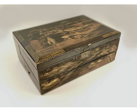 LACQUERED WRITING SLOPE. A large Chinese lacquer writing slope with carry handles. W46.5xD31.5xH19cm. (Please ask for a condi