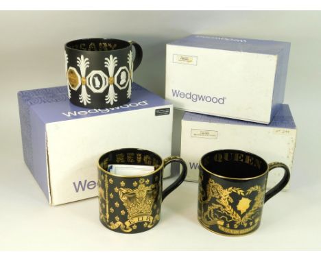 WEDGWOOD BASALT. Three Wedgwood Basalt mugs with designs by Richard Guyatt: the 250th anniversary of Josiah Wedgwood; The Que