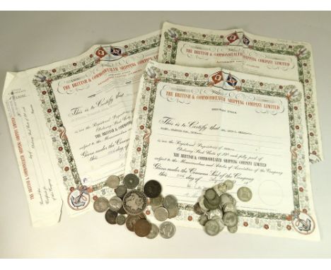 COINS & SHARE CERTIFICATES. Mixed coins including USA & Canada; a quantity of pre-1947 British silver coins & three 1950's sh