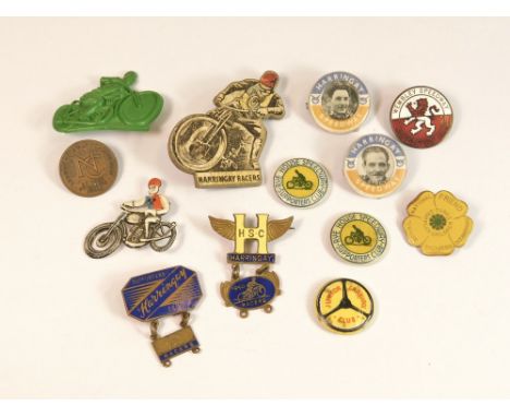 SPEEDWAY ETC. BADGES. Thirteen c.1950's pin badges including Harringay Speedway enamel, rider portrait & other speedway badge
