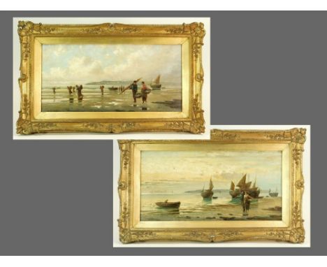 W. RICHARDS. Cornish fisher folk. A pair of oils on canvas, each signed. Each 20 x 40cm. (One with patched repair).WE CANNOT 
