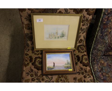 A modern oil study of a sailing barge; and a print of Salisbury Cathedral 