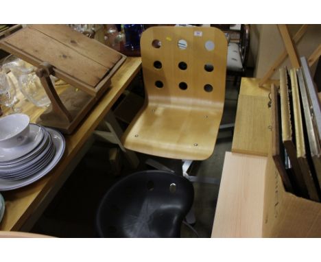 A bentwood office chair; a stool; and a metal stand on tripod base 