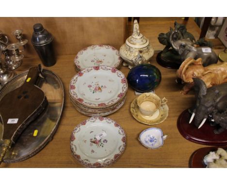 A collection of 19th Century Famille Rose dinnerware; a Rockingham type teapot; cup and saucer; multi coloured pottery egg; l