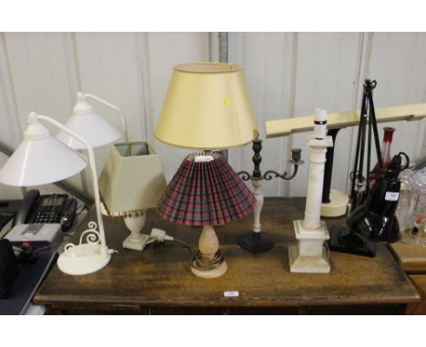 A Herbert Terry angle poise type lamp; three branch candelabra; and various other table lamps