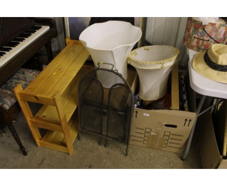 Two boxes of various sundries; a pine shelf; spark guard; lamp shades etc. 