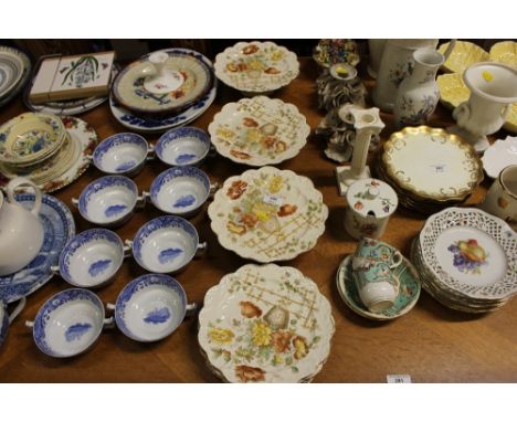 A collection of floral decorated dessertware; Copeland Spode Italian patterned china; blue and white meat plates; Royal comme