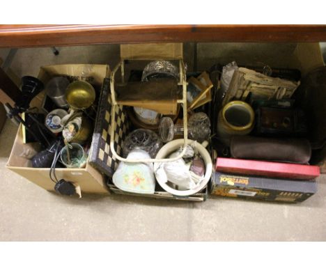Four boxes of various glass, china, sundry items to include inlaid trinket box, a boxed camera, a pair of table lamps; chess 