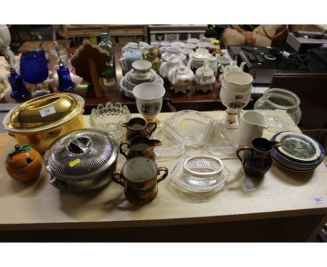 Two Royal Worcester casserole dishes; Royal commemorative goblets; a preserve pot; copper lustre jugs; and other glass and ch