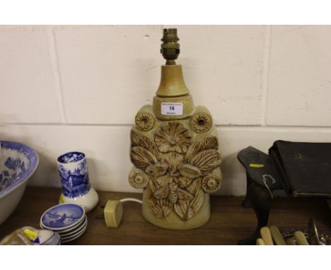 A Bernard Rooke pottery table lamp decorated with leaves and insects, initialled B.R.