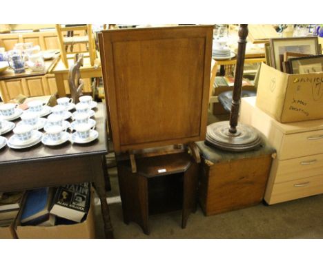 An octagonal topped table; a stool; standard lamp; and two firescreens 