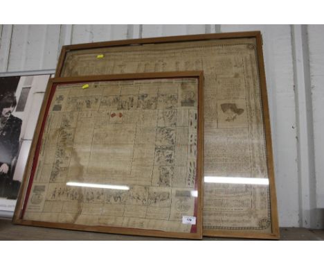 Two framed militarily linen flags, one naval and one army depicting semaphores, rifles, medals 