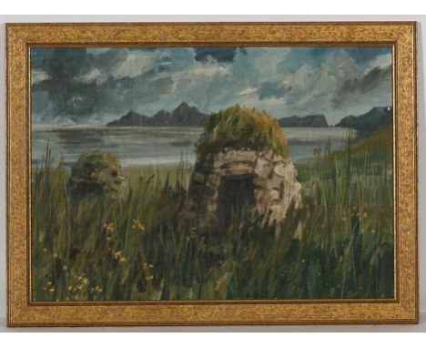 * JIM NICHOLSON (BRITISH 1924 -1996), 
A CLEAT ON ST. KILDA 
oil on canvas laid on board, signed (top left) 
34.5cm x 49.5cm 