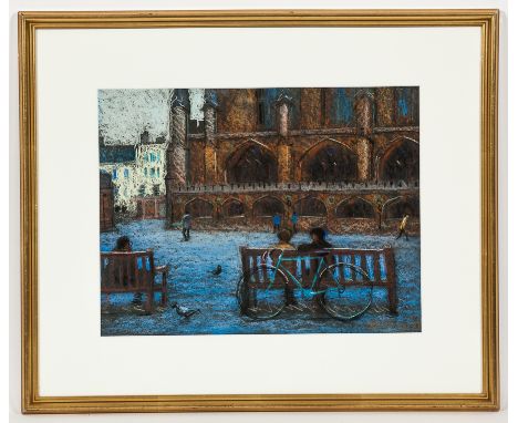 * JOHN MACKIE, 
LOVERS ON A BENCH 
pastel on paper, signed 
36.5cm x 47.5cm 
Mounted, framed and under glass 
Label verso: Al