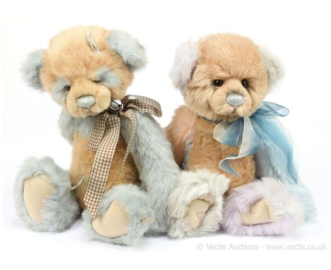 Charlie Bears pair of pandas, designed by Isabelle Lee, 2012: (1) Dilly, CB 124946, beige and light blue plush, 14"/36cm; (2)