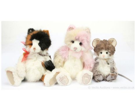 Charlie Bears x three: (1) Pawline kitten cat, CB171800A, designed by Isabelle Lee, white, black and cinnamon plush, 11.5"/29