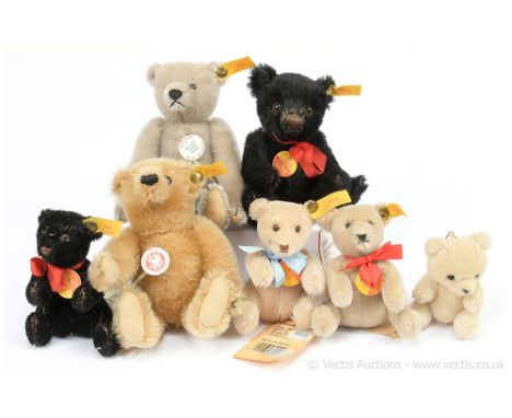 Steiff six miniature mohair teddy bears and a plush Dakin bear: (1) Historic Miniatures Mr Cinnamon, yellow tag 029073, cinna