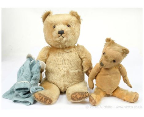 Chiltern pair of vintage teddy bears, British, 1950s: (1) Chiltern Hug-Mee golden mohair vintage teddy bear, replacement ambe