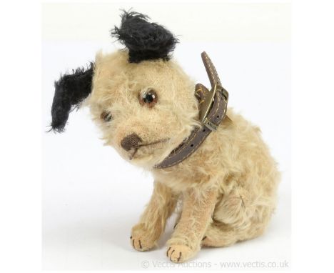 Steiff 'Caesar' terrier dog 1920's. Black and white mohair, clear glass painted back eyes, black horizontally stitched nose, 