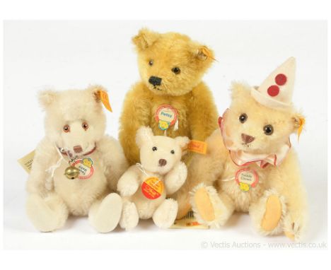 Steiff four Historic Steiff Miniature teddy bears: (1) Teddy Baby, 1930 white mohair replica, yellow tag 029622, with chest t